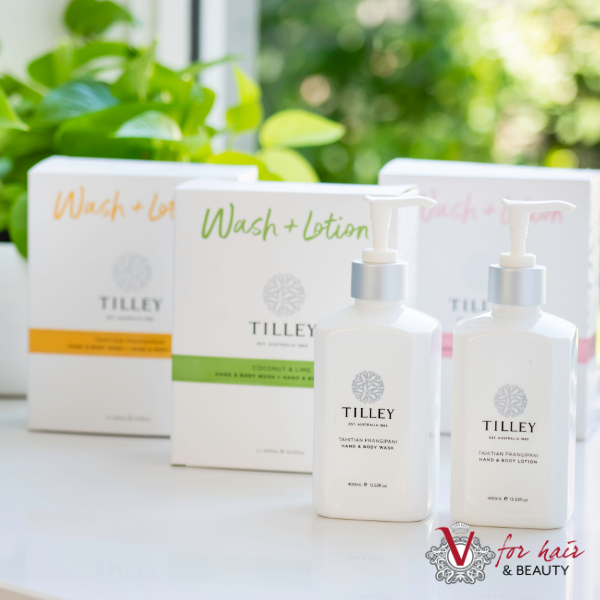 three Tilley hand and body wash and lotion duos