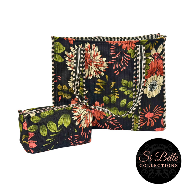Black Flower Pouch Bag Set