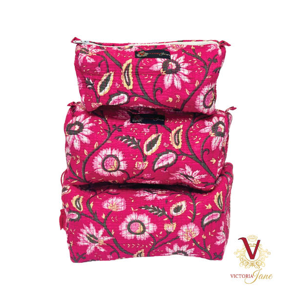 Cerise Floral Pouch Bag Set stacked
