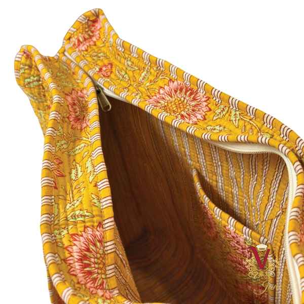 Gold Floral Zipped Designer Carry All Tote Bag open