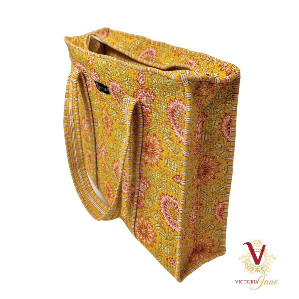 Gold Floral Zipped Designer Carry All Tote Bag side
