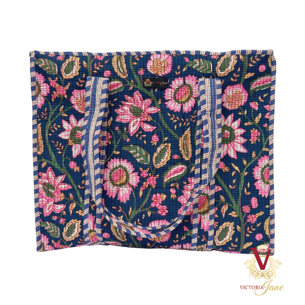 Navy Floral Zipped Designer Carry All Tote Bag