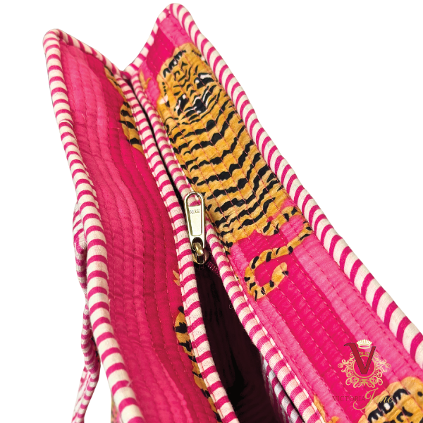 Tibetan Tiger Pink Zipped Designer Carry All Tote Bag close up zip