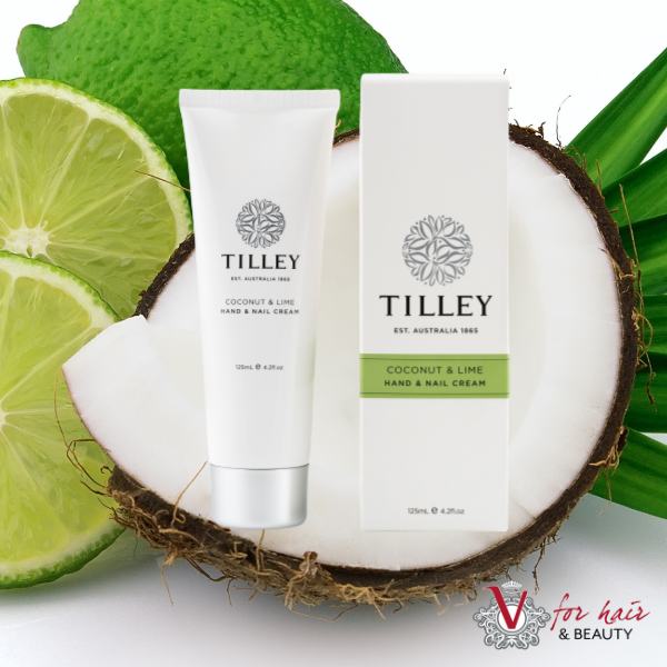 Tilley - Coconut & Lime Hand & Nail Cream in front of coconuts lime