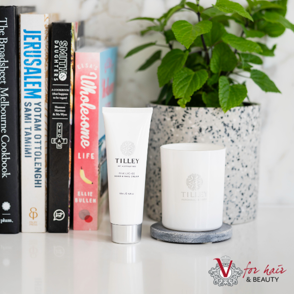 Tilley hand cream styled candle plant books