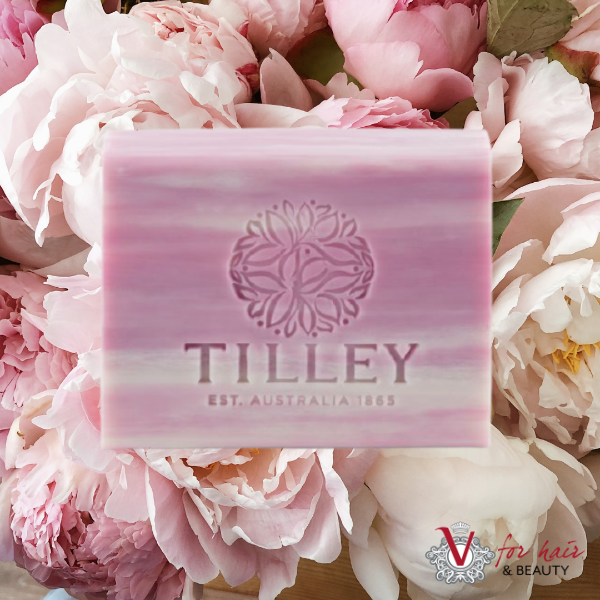 Tilley - Peony Rose Finest Triple Milled Soap in front of peonies