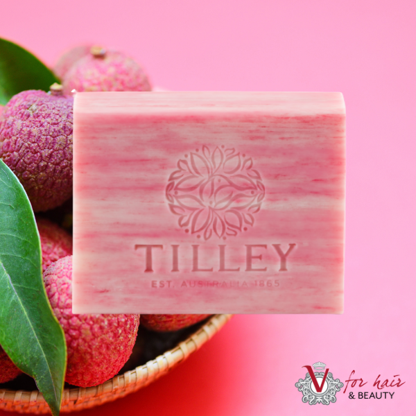 Tilley - Pink Lychee Finest Triple Milled Soap in front of pink lychee