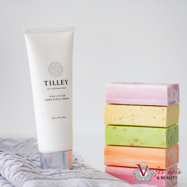 Tilley - Pink Lychee Hand & Nail Cream with styled coloured soaps