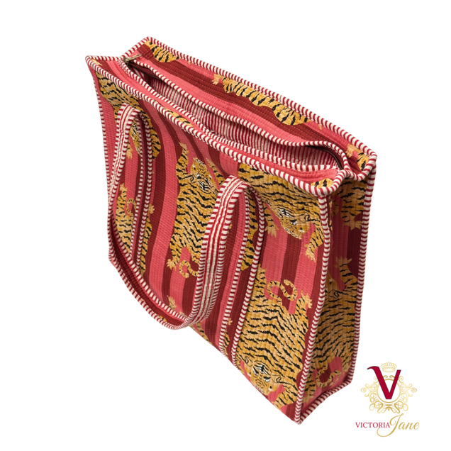 Tibetan Tiger Rust Zipped Designer Carry All Tote Bag open
