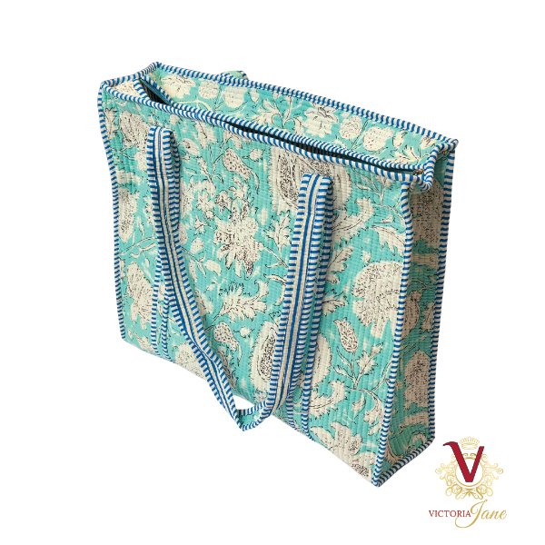 Teal Flower Zipped Designer Carry All Tote Bag side